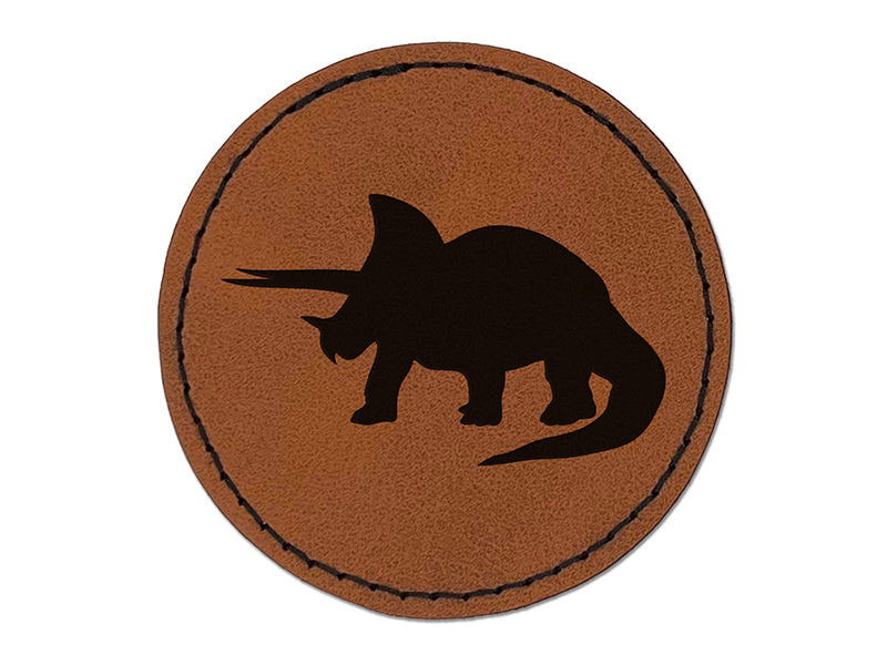 Triceratops Dinosaur Solid Round Iron-On Engraved Faux Leather Patch Applique - 2.5"