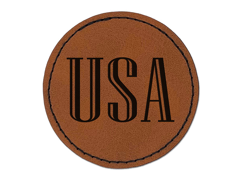 USA Patriotic Text Round Iron-On Engraved Faux Leather Patch Applique - 2.5"