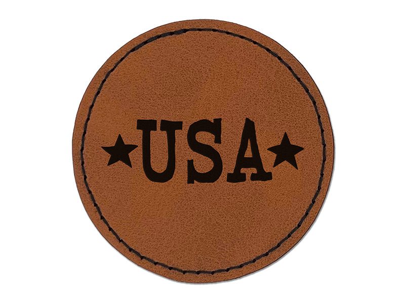 USA with Stars Patriotic Fun Text Round Iron-On Engraved Faux Leather Patch Applique - 2.5"