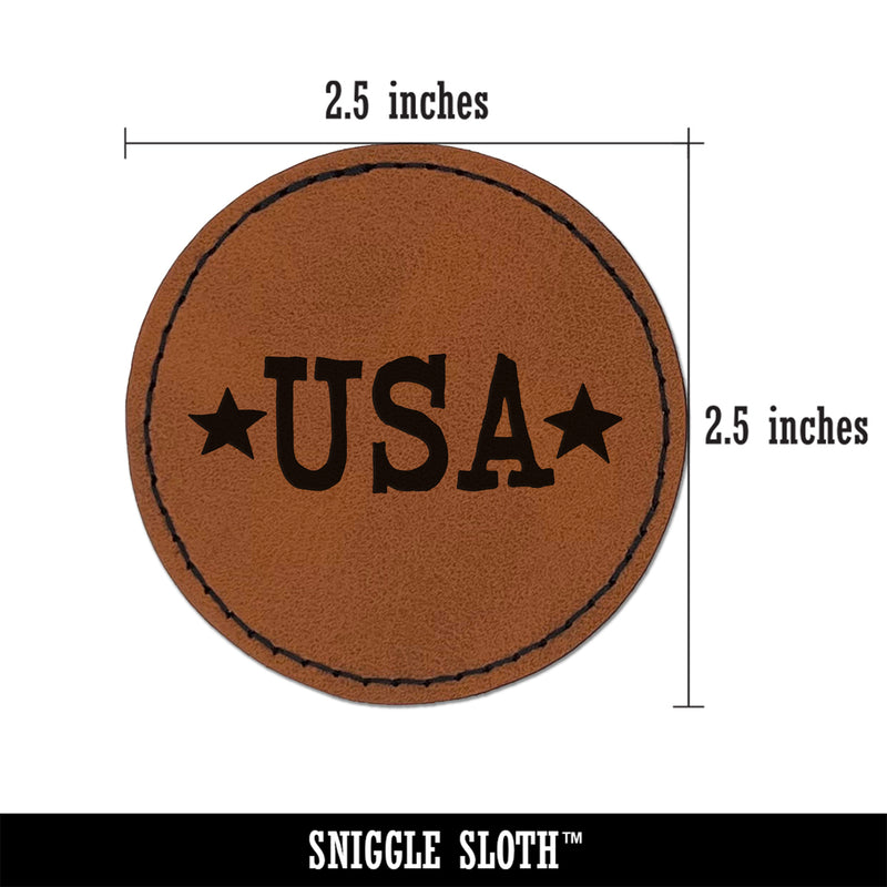 USA with Stars Patriotic Fun Text Round Iron-On Engraved Faux Leather Patch Applique - 2.5"