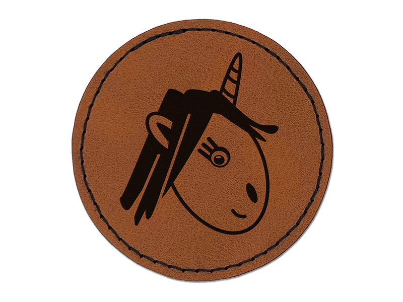 Adorable Unicorn Face Doodle Round Iron-On Engraved Faux Leather Patch Applique - 2.5"