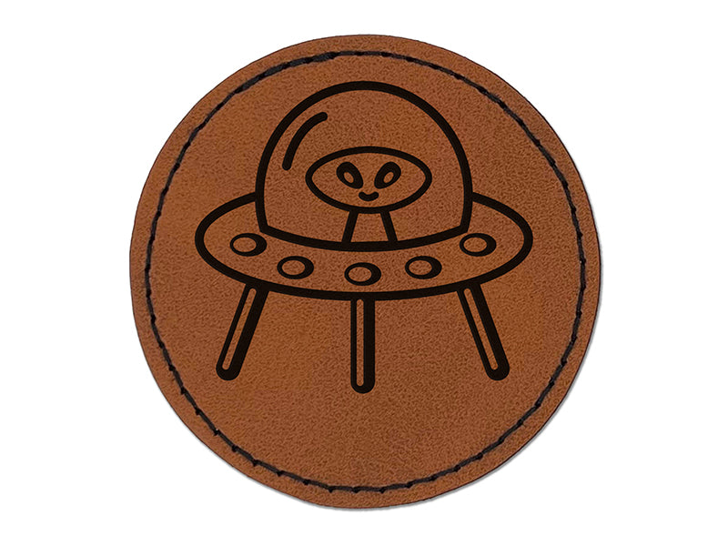 Alien Space Ship UFO Round Iron-On Engraved Faux Leather Patch Applique - 2.5"