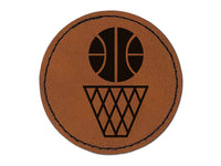 Basketball and Hoop Round Iron-On Engraved Faux Leather Patch Applique - 2.5"