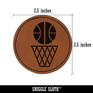 Basketball and Hoop Round Iron-On Engraved Faux Leather Patch Applique - 2.5"