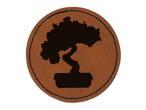Bonsai Tree Solid Round Iron-On Engraved Faux Leather Patch Applique - 2.5"