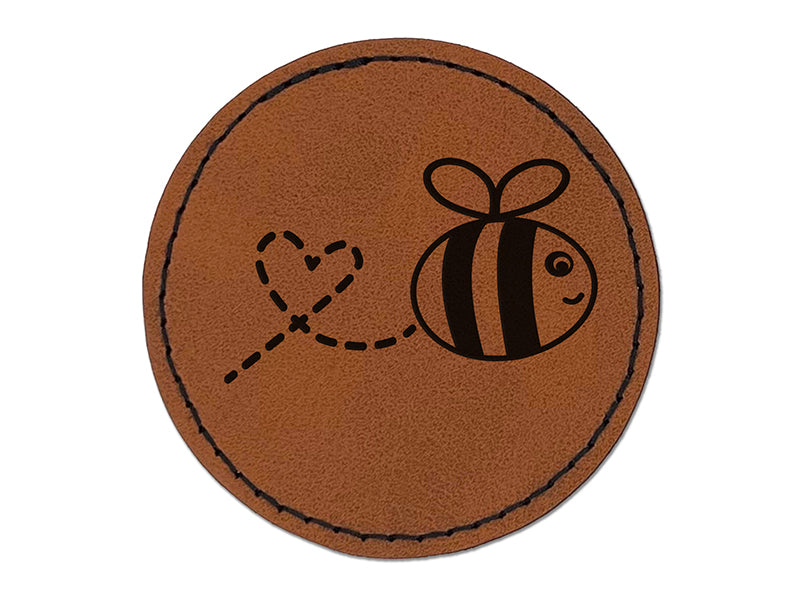 Buzzy Bumble Bee with Heart Round Iron-On Engraved Faux Leather Patch Applique - 2.5"