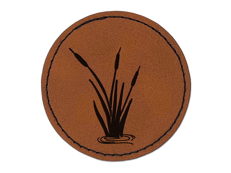 Cattails in Water Round Iron-On Engraved Faux Leather Patch Applique - 2.5"