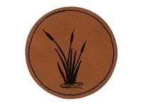 Cattails in Water Round Iron-On Engraved Faux Leather Patch Applique - 2.5"