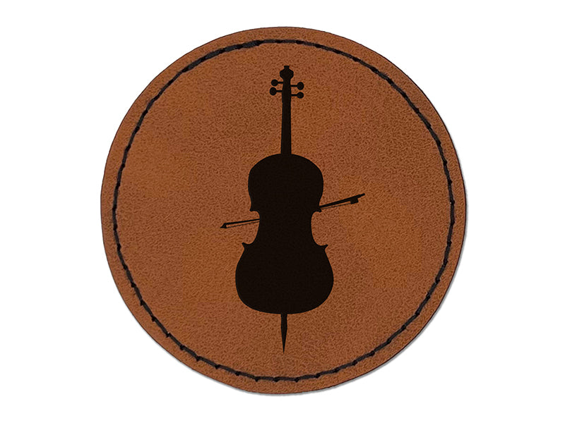 Cello Music Instrument Silhouette Round Iron-On Engraved Faux Leather Patch Applique - 2.5"