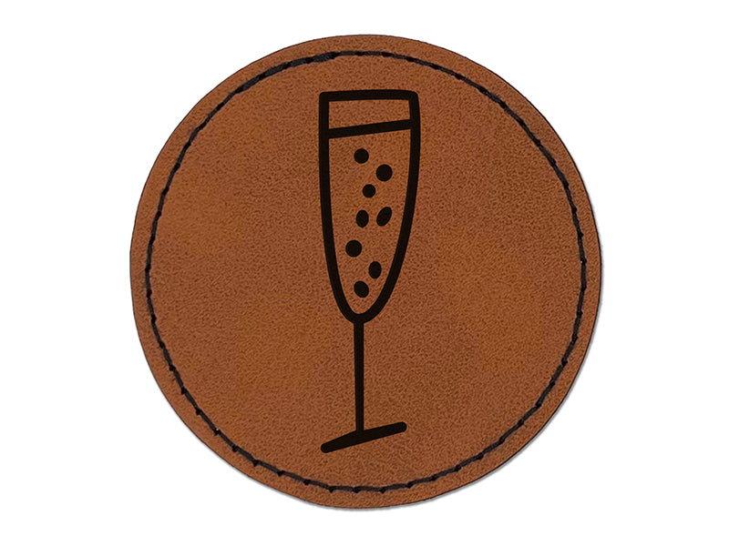 Champagne Glass Doodle Round Iron-On Engraved Faux Leather Patch Applique - 2.5"