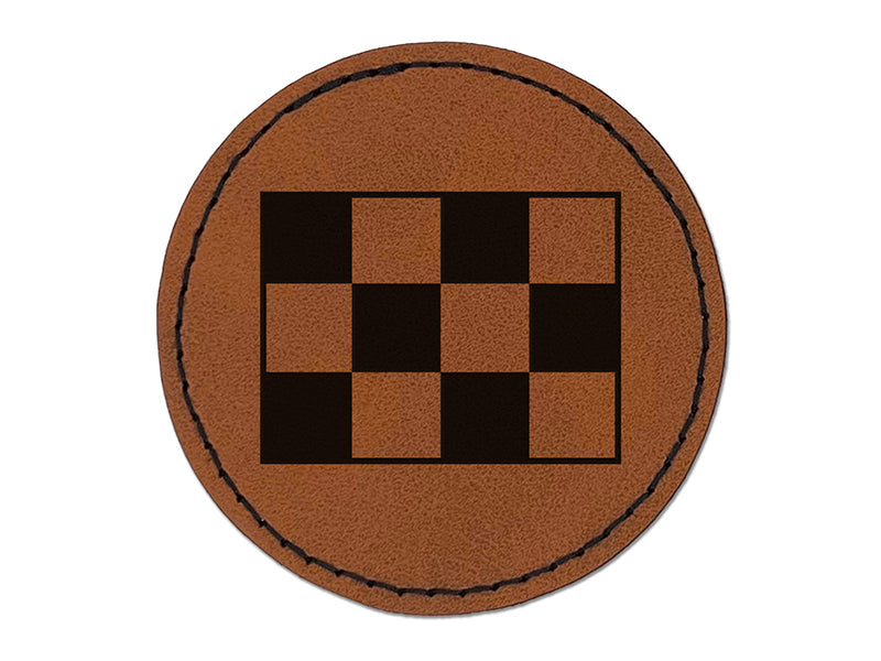 Checkered Flag Round Iron-On Engraved Faux Leather Patch Applique - 2.5"
