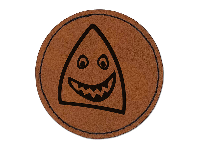 Cheerful Shark Face Round Iron-On Engraved Faux Leather Patch Applique - 2.5"