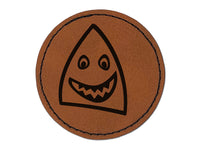 Cheerful Shark Face Round Iron-On Engraved Faux Leather Patch Applique - 2.5"