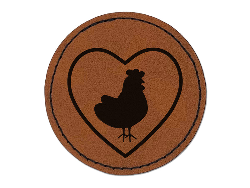Chicken in Heart Round Iron-On Engraved Faux Leather Patch Applique - 2.5"