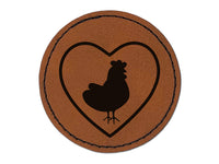 Chicken in Heart Round Iron-On Engraved Faux Leather Patch Applique - 2.5"