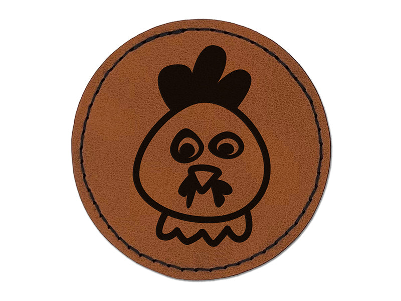 Chicken Rooster Face Doodle Round Iron-On Engraved Faux Leather Patch Applique - 2.5"