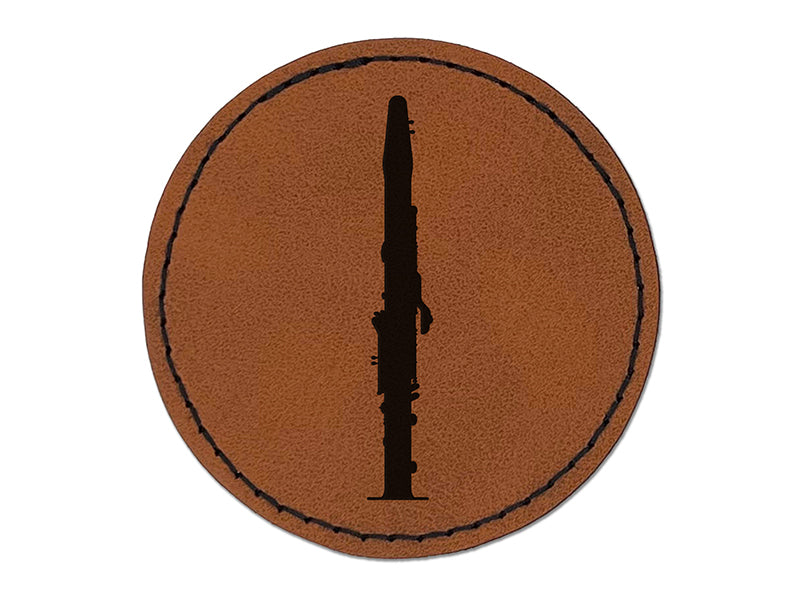 Clarinet Music Instrument Silhouette Round Iron-On Engraved Faux Leather Patch Applique - 2.5"
