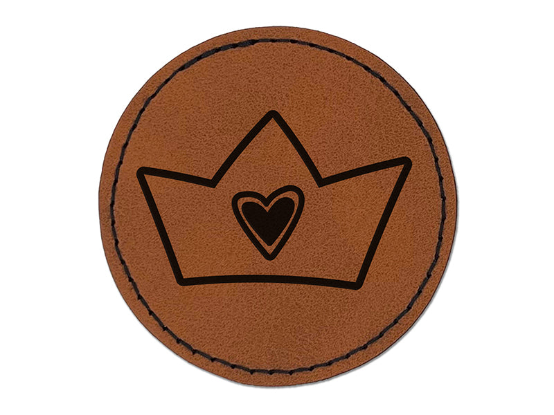 Crown with Heart Round Iron-On Engraved Faux Leather Patch Applique - 2.5"