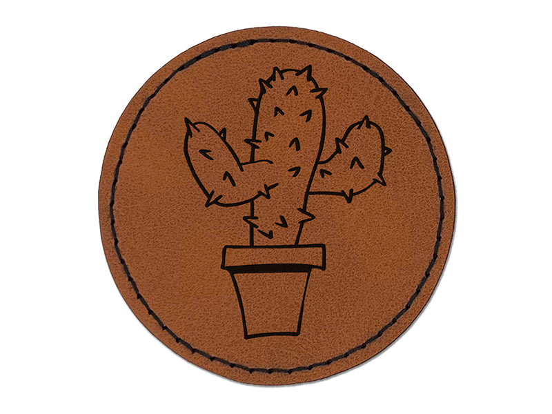 Cute Prickly Cactus Round Iron-On Engraved Faux Leather Patch Applique - 2.5"