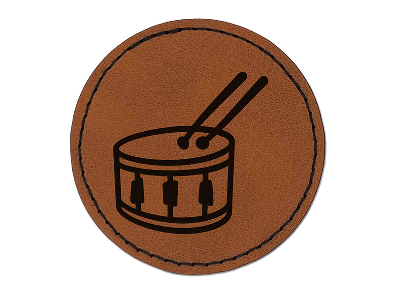 Drum with Sticks Music Instrument Doodle Round Iron-On Engraved Faux Leather Patch Applique - 2.5"