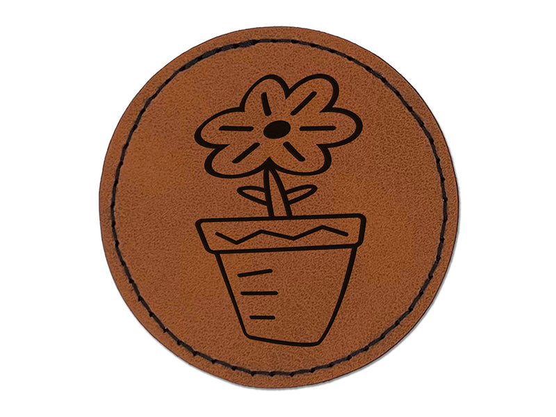 Flower Pot Doodle Round Iron-On Engraved Faux Leather Patch Applique - 2.5"