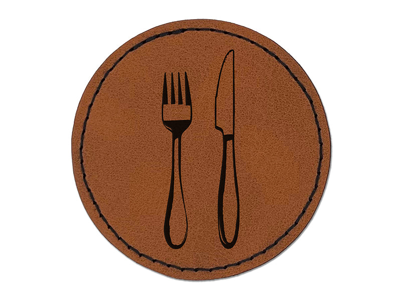 Fork Knife Utensils Eating Sketch Round Iron-On Engraved Faux Leather Patch Applique - 2.5"