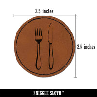 Fork Knife Utensils Eating Sketch Round Iron-On Engraved Faux Leather Patch Applique - 2.5"