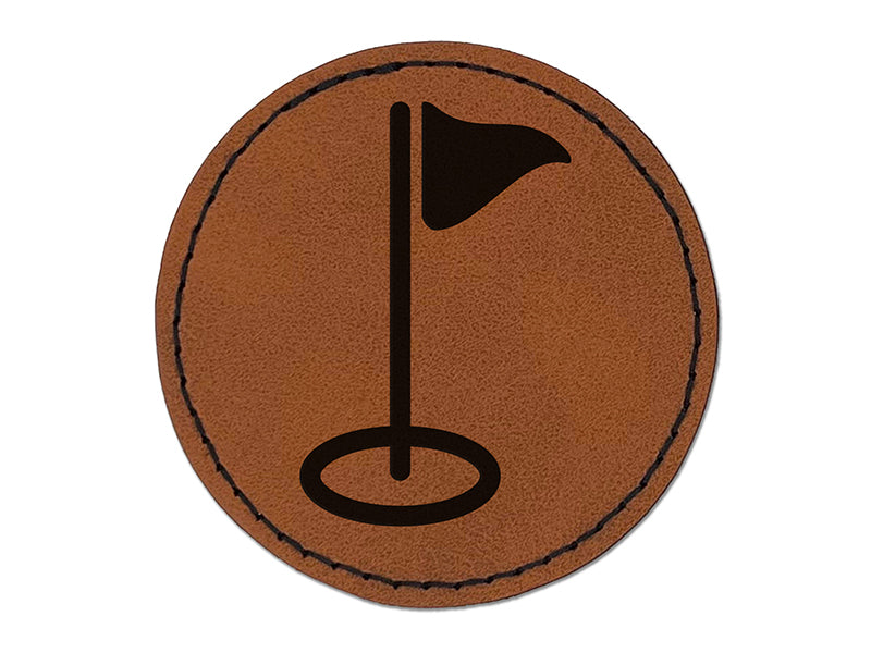 Golf Hole Flag Round Iron-On Engraved Faux Leather Patch Applique - 2.5"
