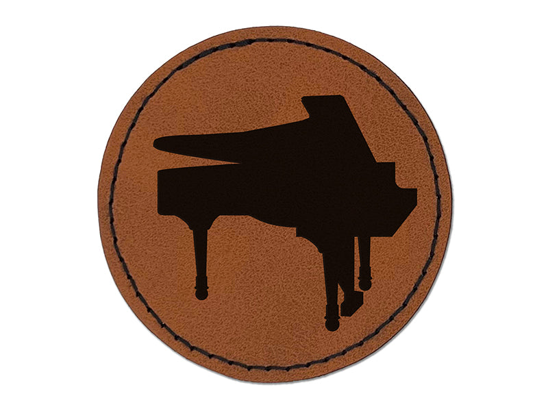 Grand Piano Music Instrument Silhouette Round Iron-On Engraved Faux Leather Patch Applique - 2.5"