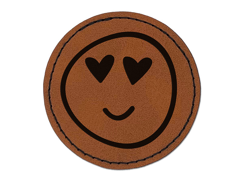 Heart Eye Love Emoticon Face Doodle Round Iron-On Engraved Faux Leather Patch Applique - 2.5"