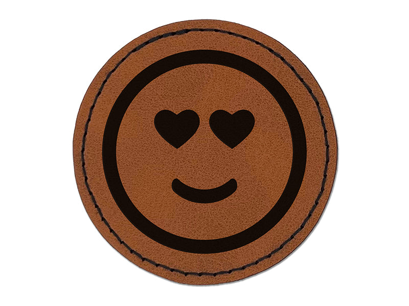 Heart Eyes Love Happy Face Emoticon Round Iron-On Engraved Faux Leather Patch Applique - 2.5"