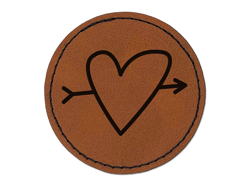 Heart Outline with Arrow Round Iron-On Engraved Faux Leather Patch Applique - 2.5"