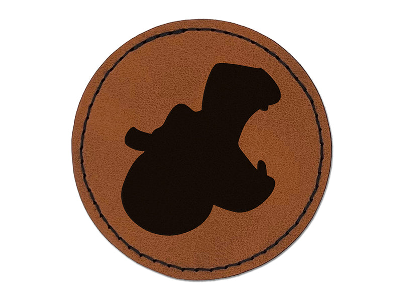 Hippopotamus Head Solid Round Iron-On Engraved Faux Leather Patch Applique - 2.5"