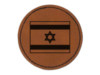 Israel Flag Round Iron-On Engraved Faux Leather Patch Applique - 2.5"