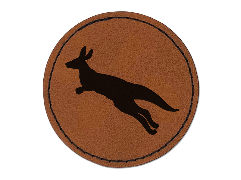 Kangaroo Jumping Solid Round Iron-On Engraved Faux Leather Patch Applique - 2.5"