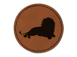Lion Resting Solid Round Iron-On Engraved Faux Leather Patch Applique - 2.5"