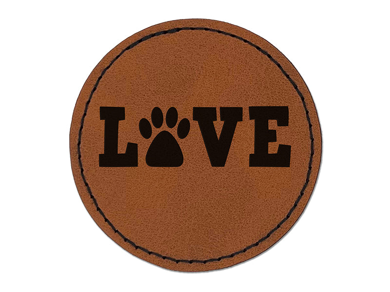 Love Paw Print Dog Cat Pet Text Round Iron-On Engraved Faux Leather Patch Applique - 2.5"