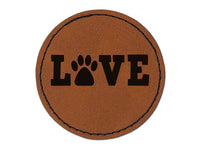 Love Paw Print Dog Cat Pet Text Round Iron-On Engraved Faux Leather Patch Applique - 2.5"