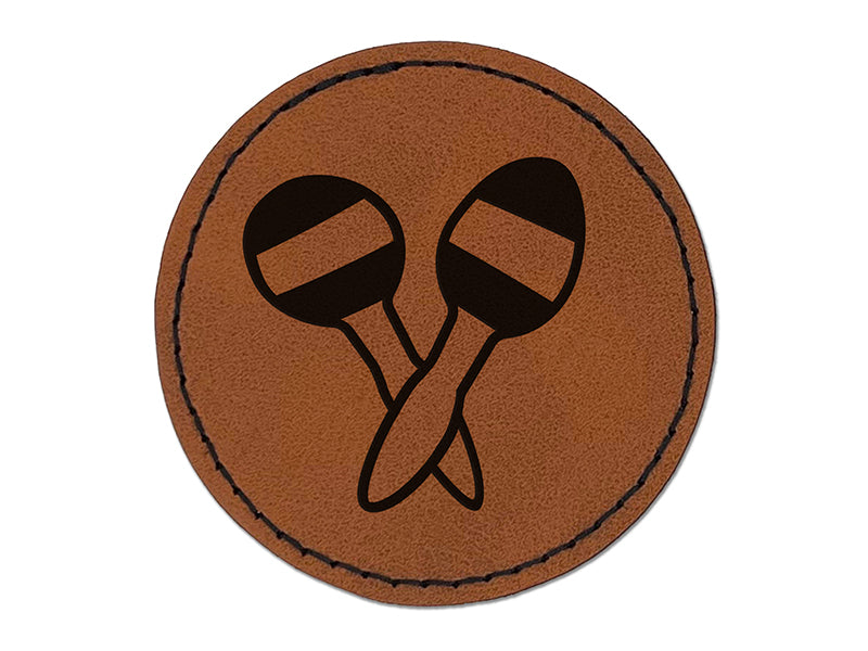 Maracas Music Instrument Round Iron-On Engraved Faux Leather Patch Applique - 2.5"