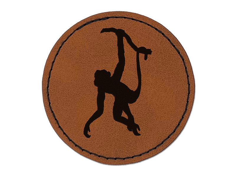 Monkey Hanging from Tree Solid Round Iron-On Engraved Faux Leather Patch Applique - 2.5"