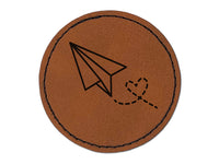 Paper Airplane with Heart Round Iron-On Engraved Faux Leather Patch Applique - 2.5"