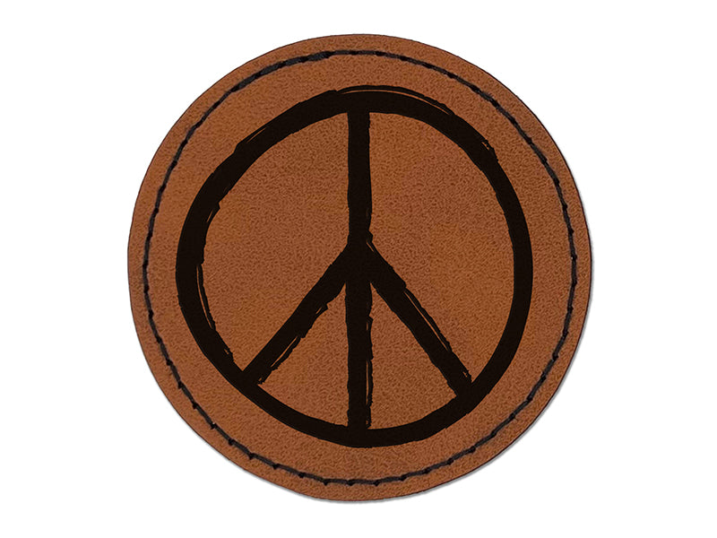 Peace Sign Sketch Round Iron-On Engraved Faux Leather Patch Applique - 2.5"