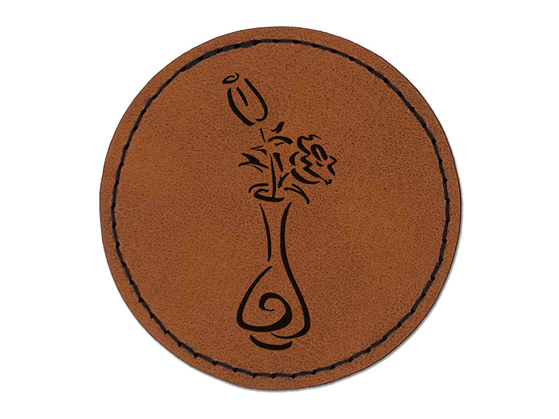 Roses Flowers in Vase Sketch Round Iron-On Engraved Faux Leather Patch Applique - 2.5"