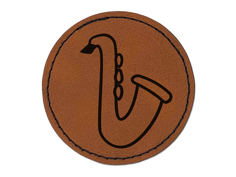 Saxophone Music Instrument Doodle Round Iron-On Engraved Faux Leather Patch Applique - 2.5"