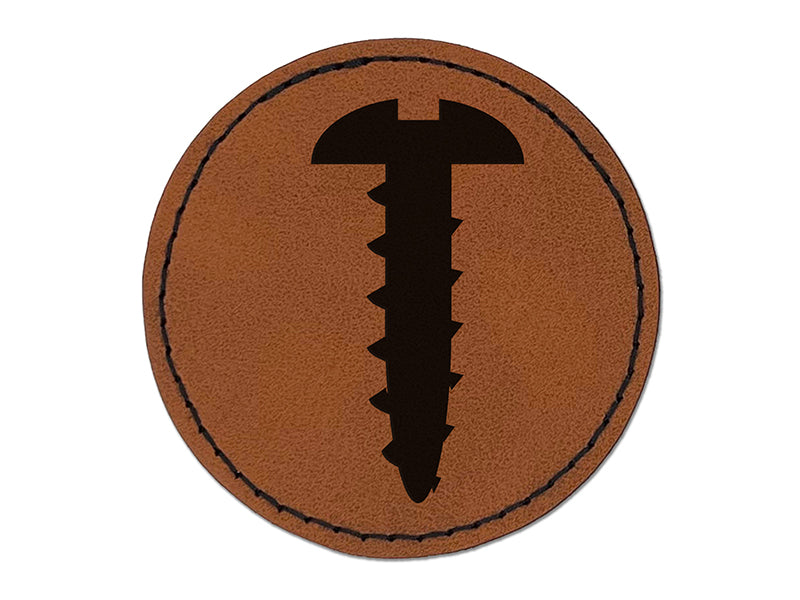 Screw Silhouette Woodworking Tools Round Iron-On Engraved Faux Leather Patch Applique - 2.5"