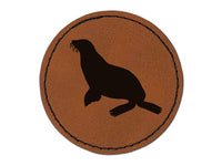 Sea Lion Solid Round Iron-On Engraved Faux Leather Patch Applique - 2.5"