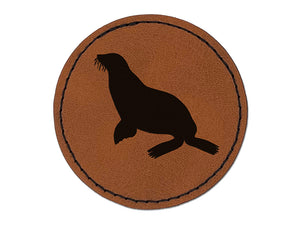 Sea Lion Solid Round Iron-On Engraved Faux Leather Patch Applique - 2.5"