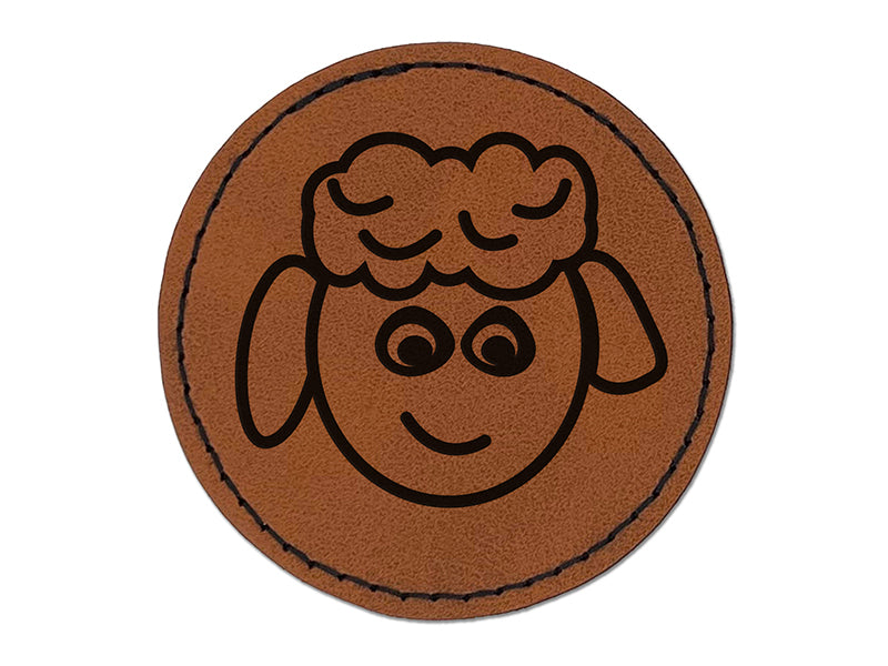 Sheep Face Doodle Round Iron-On Engraved Faux Leather Patch Applique - 2.5"