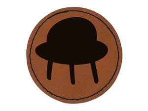 Space Ship UFO Solid Round Iron-On Engraved Faux Leather Patch Applique - 2.5"