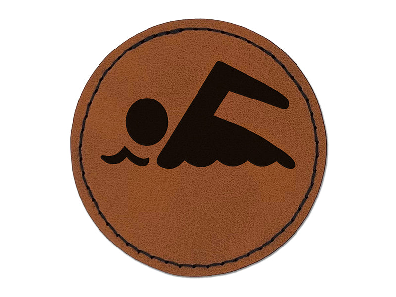 Swimming Symbol Round Iron-On Engraved Faux Leather Patch Applique - 2.5"